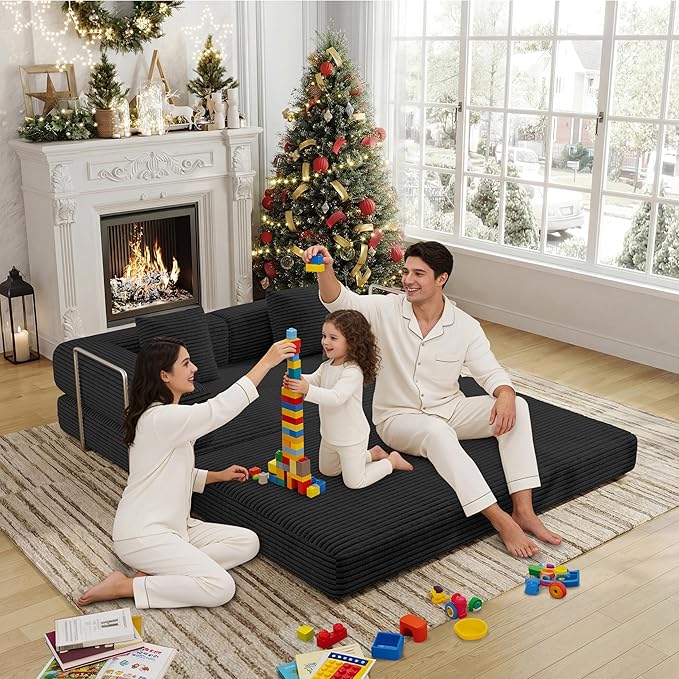 4 in 1 Futon Sofa Bed Queen Size - Foldable Convertible Sleeper Couch,Teddy Foam-Filled Compressed Couch Removable Corduroy Cover, Space Saving Sofas for Bedroom & Dorm (Black, 59” 2 Seat)