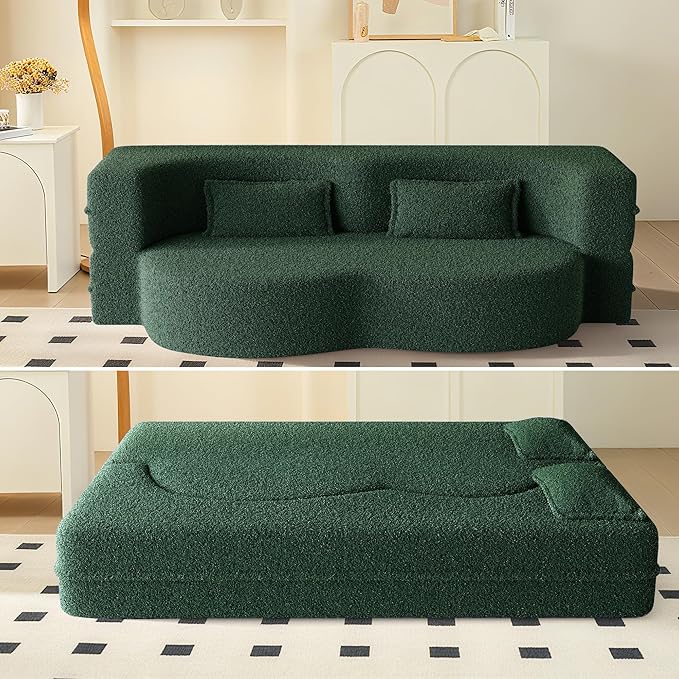 78" Convertible Sofa Bed, 2-in-1 Folding Floor Couch with 2 Pillows, Sleeper Sofa for Living Room and Bedroom, No Assembly Required (Green, Teddy Fabric)