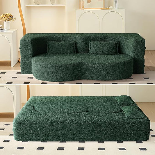 78" Convertible Sofa Bed, 2-in-1 Folding Floor Couch with 2 Pillows, Sleeper Sofa for Living Room and Bedroom, No Assembly Required (Green, Teddy Fabric)