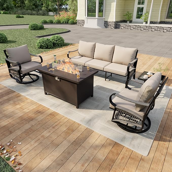 5 Pieces Outdoor Patio Conversation Sets, Outdoor Furniture Set Metal 3-Seater 2 Swivel Rockers with Side Tables and Fire Pit Table for Backyard Deck Porch Poolside, Beige