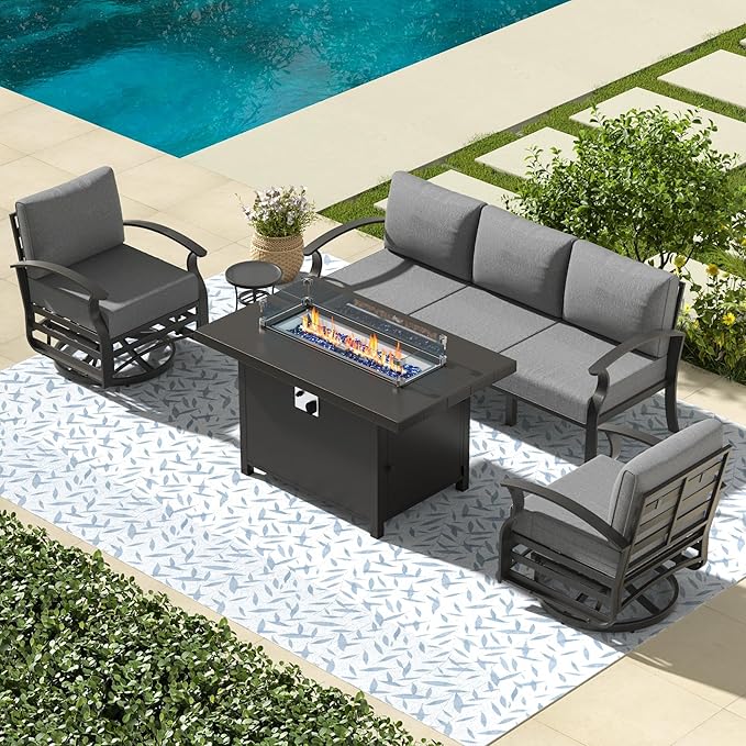 Aluminum Outdoor Patio Furniture Set,5 Pieces 5 Seats Metal Patio Sectional Furniture Set,Patio Conversation Sets with 45" Propane Fire Pit Table,Swivel Rocking Chairs Set,Grey