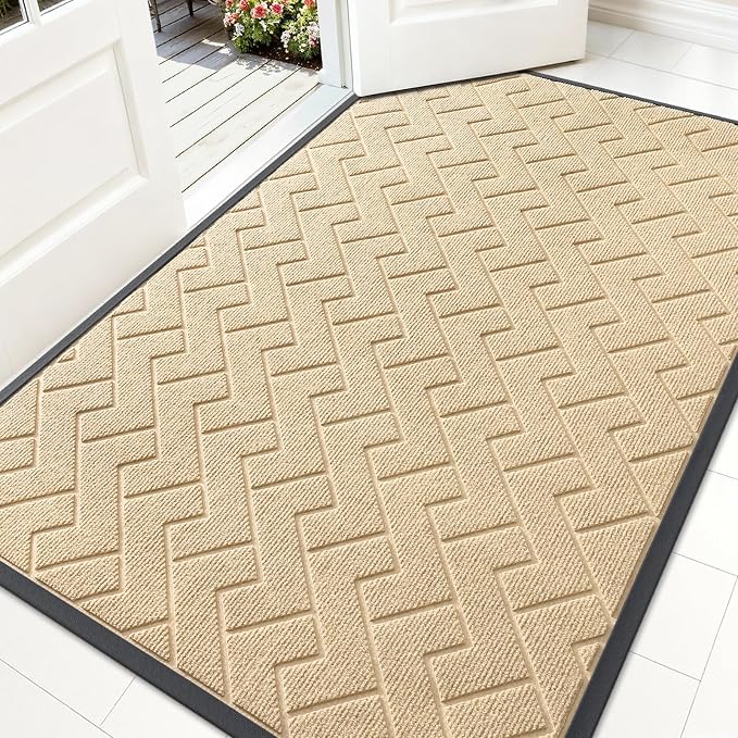 OLANLY Front Door Mat Indoor Outdoor Entrance, Waterproof All-Season, All-Weather Doormat, Sturdy Natural Rubber, Low Profile, Easy Clean Patio Porch Entryway Mat, Herringbone Brick (Beige, 59x35) by OLANLY
