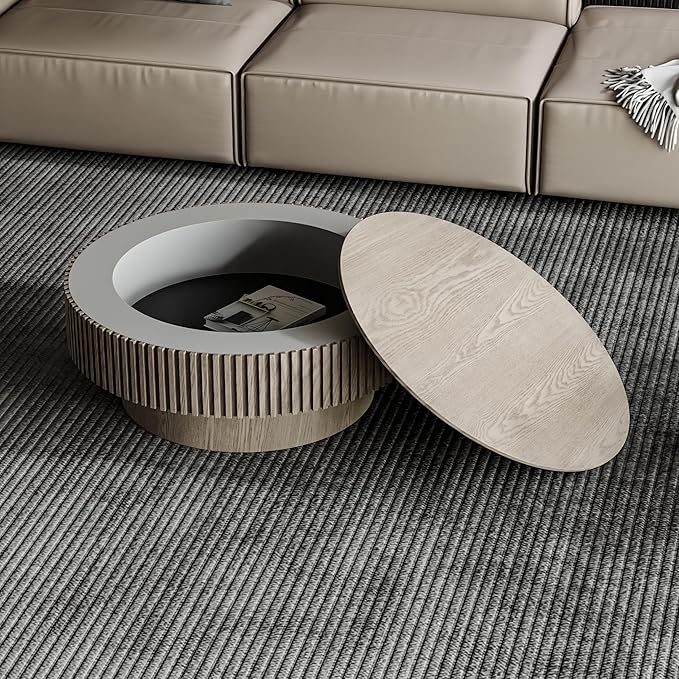 31.5" Storage Coffee Table Round Modern Coffee Table for Living Room, Circle Wood Center Tea Table Drum Accent End Table, with Hidden Space & Sturdy Base & Minimalist Fluted Side, Grey