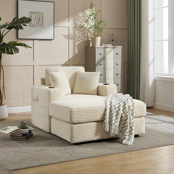 KEIKI Oversized Accent Chair with Ottoman, Chaise Lounge Chair Indoor with Cupholders, Oversized Sofa Bed, Deep Seat Sleeper Couch Reading Chairs for Living Room, Beige