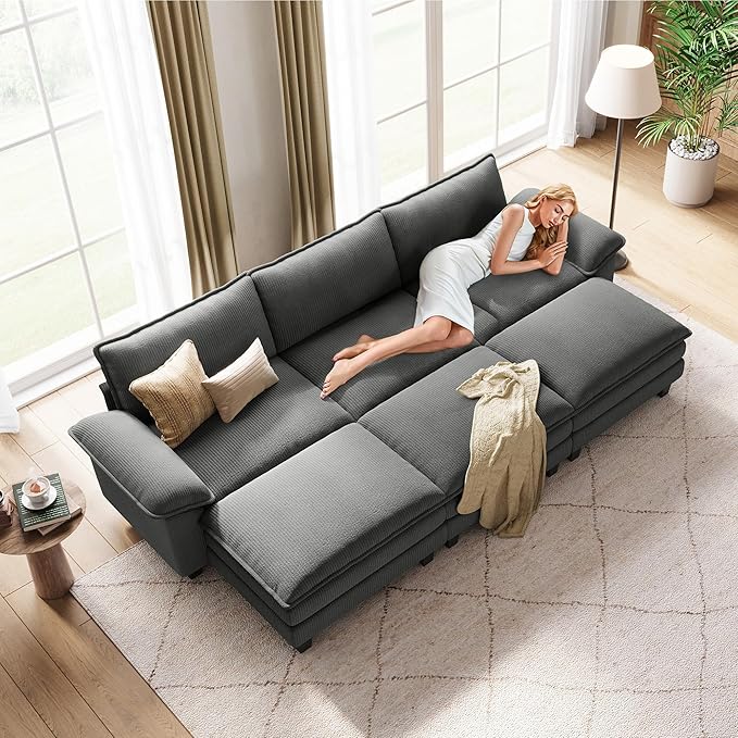 LINSY HOME Modular Sectional Sofa - 123 Inch Oversized Corduroy Cloud Couch with Movable Ottoman Soft Modern Comfy Sofa Set for Living Room Apartment Office, Grey