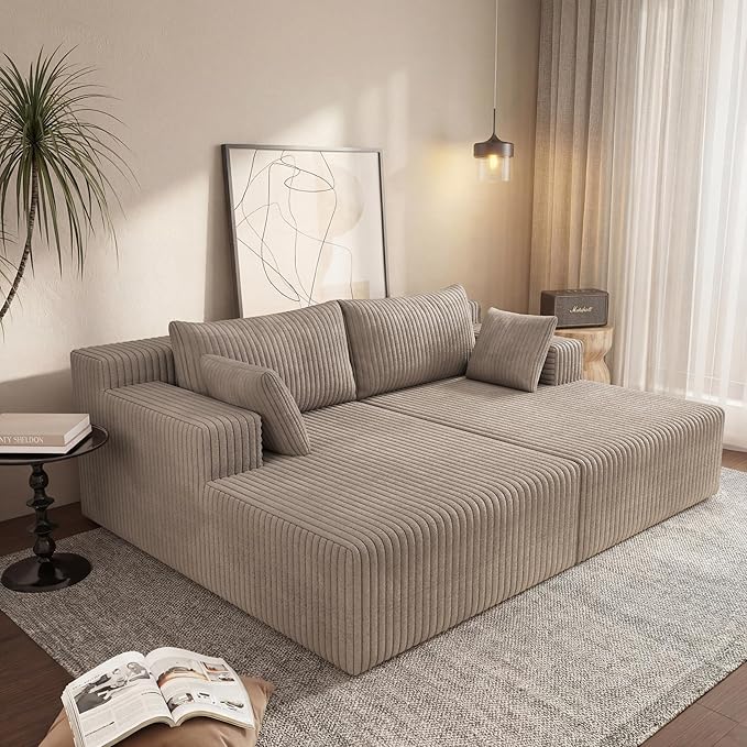 71-Inch Fluffy Corduroy Boneless Sleeper Daybed Loveseat Double Recliner Chaise Lounge Sofa Couches, Floor Cloud Sofa Chaise W/4 Pillows for Home Apartment Living Room