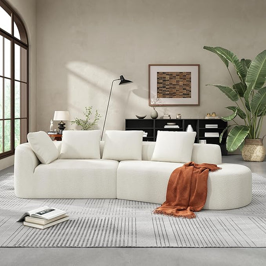 Merax 116" Curved Polyester Sectional Sofa, Modern Pearl Upholstery 3 Seat Cloud Couch with Chaise Lounge & 4 Pillows for Living Room, Beige