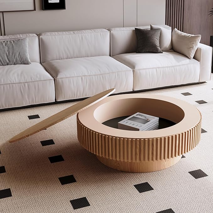 39.37'' Round Coffee Table with Storage, Solid Wood Veneered Modern Drum Coffee Table Accent Tea Table for Living Room, Bedroom, Apartment or Office-Natural