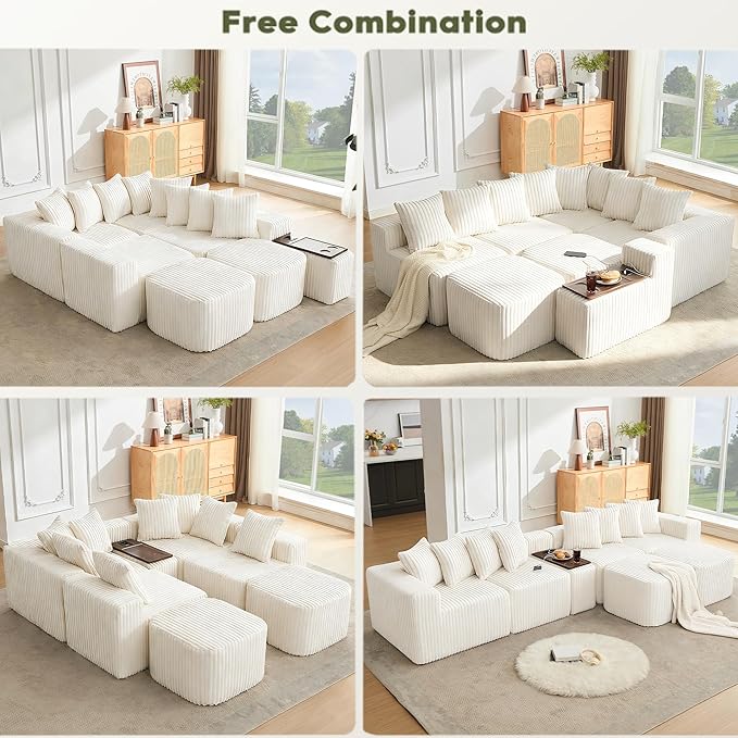 Oversized Cloud Modular Sectional Sofa Boneless Couch with Movable Ottomans,Free Combination Memory Foam Floor Couch with Charging Port & Cup Holders for Living Room | Coffee Table Board, Wireless Charge, No Assembly