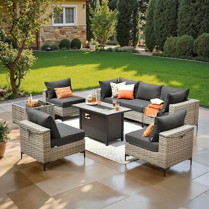 8 Pcs Patio Furniture with Fire Pit Table, Outdoor Rattan Wicker Conversation Set with Glowing Coffee Table, Comfy Sectional Sofa for Porch Balcony Backyard Pool, Black