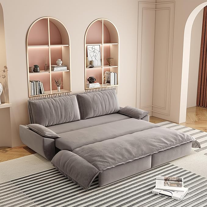 73.2" Queen Size Pull Out Sofa Bed, 3-in-1 Convertible Sleeper, Velvet Loveseat for Living Room, Apartment, Bedroom Small Spaces, Grey (Mattress & Bedding Not Included)