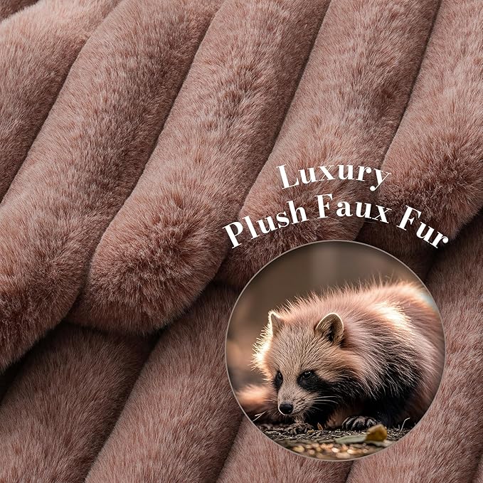Amélie Home Faux Fur Throw Blanket for Couch, Ultra Cozy Fuzzy Fluffy Fur Luxurious Soft Striped Plush Gift Blankets for Family Sofa Chair Bedroom, 55"x70", Cationic Fox Pink Brown