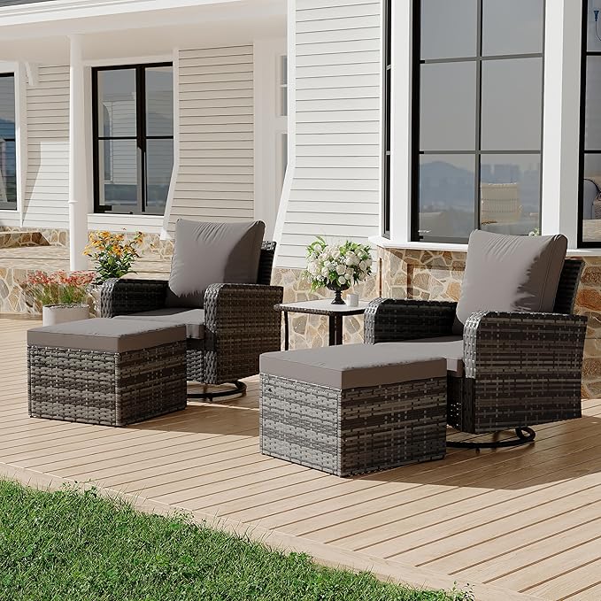 HOMREST 5 Piece Outdoor Patio Furniture Set-360 Wicker Swivel Chairs Set of 2 w/ 2 Ottoman, Coffee Table & Cushions Patio Bistro Set for Garden, Balcony (Grey)