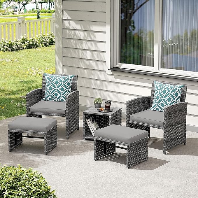 OC Orange-Casual 5 Piece Patio Furniture Set, Wicker Outdoor Conversation Chair and Ottoman Set with Coffee Table, Pillows Included, for Balcony, Porch, Deck, Light Grey