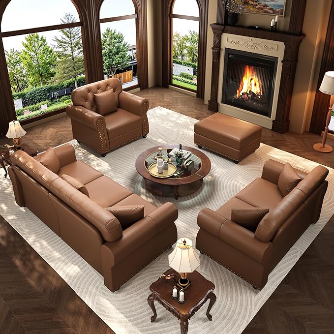 KEIKI 3-Piece Chesterfield Sofa Set with 1 Faux Leather 3-Seater Sofa & 1 Loveseat & 1 Single Sofa, 6-Seater Couch Set with Nailhead Trim & Rolled Arms & 1 Ottoman & 6 Pillow, for Living Room, Brown