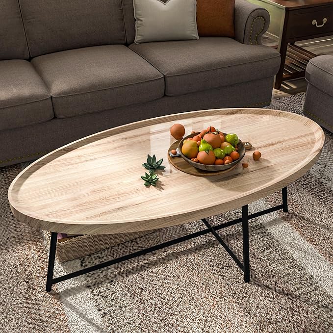 Modern Coffee Table, Oval Wood Coffee Tables Center Table with Metal Leg for Living Room, 47 Inch Living Room Table Accent Furniture (Oval Coffee Table, Nature-2)