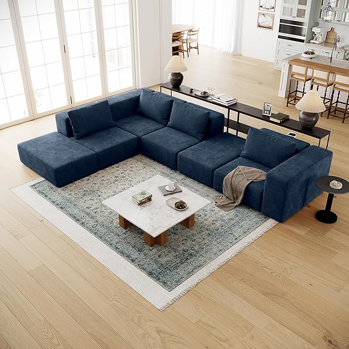 Acanva Oversized Modular Sectional Sofa with Removable Washable Slipcovers, Modern Low Profile Deep Seat Couch for Living Room, Chenille-Royal Blue, 4 Armless Chairs & 4 Armrests/Ottomans