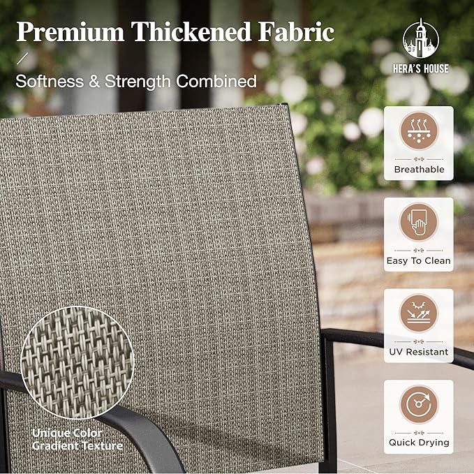HERA'S HOUSE 5-Piece Patio Table and Chairs, Outdoor Dining Set for 4, Square Metal Table and Textilene Chairs with Umbrella Hole for Lawn Garden Backyard Deck, Brown - Image 4