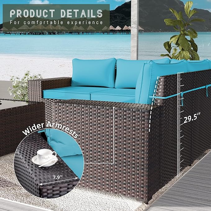 13 PCS Outdoor Patio Furniture Set,Outdoor Sectional Furniture with 43" 55000 BTU Gas Propane Fire Pit Table,All Weather PE Rattan Wicker Patio Conversation Set,Turquoise Blue