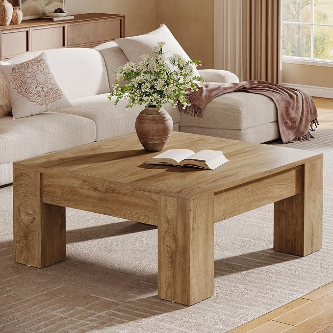Tribesigns Farmhouse Square Coffee Table, 39-Inch Wooden Coffee Table with Sturdy Legs, Rustic Accent Center Table for Living Room, Easy Assembly, Light Brown