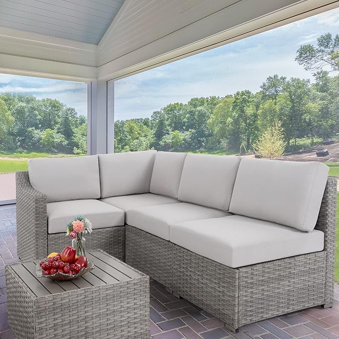 HAPPATIO 5 Piece Patio Conversation Set,All-Weather Patio Furniture Set,Outside Patio Furniture,4 Piece Outdoor sectional,PE Rattan Wicker Outdoor Sectional Sofa.(Grey/Beige)