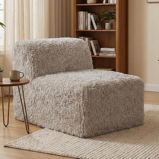 Furniture of America Havyn Modern Faux Fur 1-Seater Modular Armless Foam Sofa Chair with Deep Seat, Compressed Couch in a Box, No Assembly Required, for Living Room and Office, Taupe