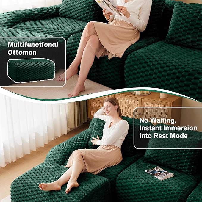 146" U-Shaped Compressed Sectional Cloud Sofa, Flannel Upholstered Modular Deep Seat Sofa with 6 Pieces, Symmetrical Boneless Foam Modular Cloud Couches for Living Room
