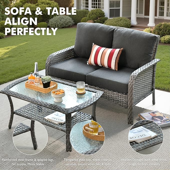 Weaxty Wicker Patio Furniture Set High Back Loveseat Sofa Couch Armchair Coffee Table, All Weather Rattan 4 Pieces Outdoor Conversation Sets for Patio Porch Deck Backyard Poolside, Black