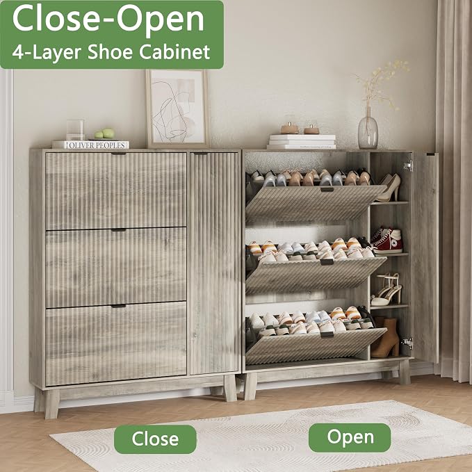 Xixini Shoe Cabinet with 3 Flip Drawers, 54" Tall Narrow Fluted Shoe Storage Organizer for Entryway, Hidden Wooden Shoe Rack with Adjustable Side Cabinet for Front Door Entrance, Hallway, Light Grey - Image 5