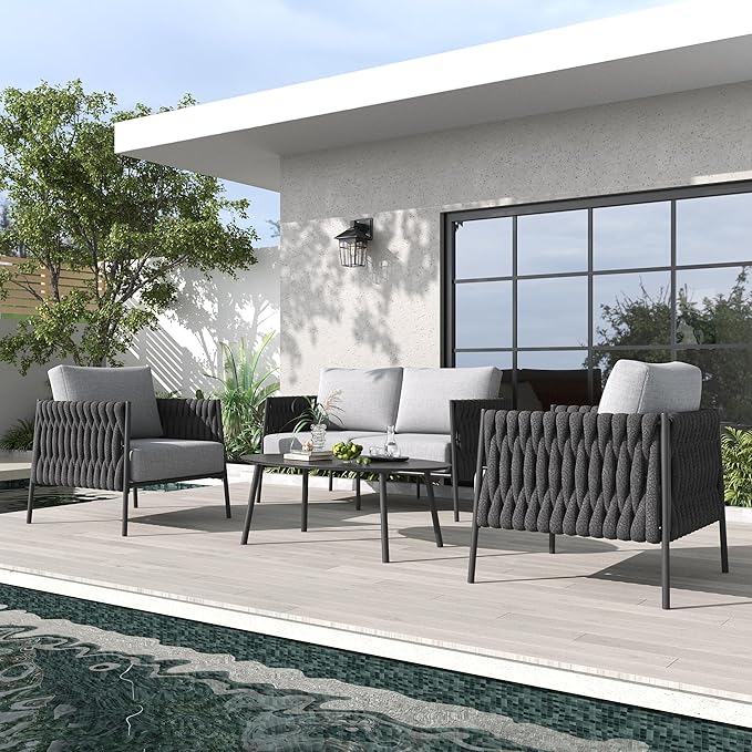 LayinSun 4 Piece Outdoor Furniture Set with Coffee Table, Modern Rope Woven Patio Conversation Sofa Set with Olefin Braid and Deep Seating