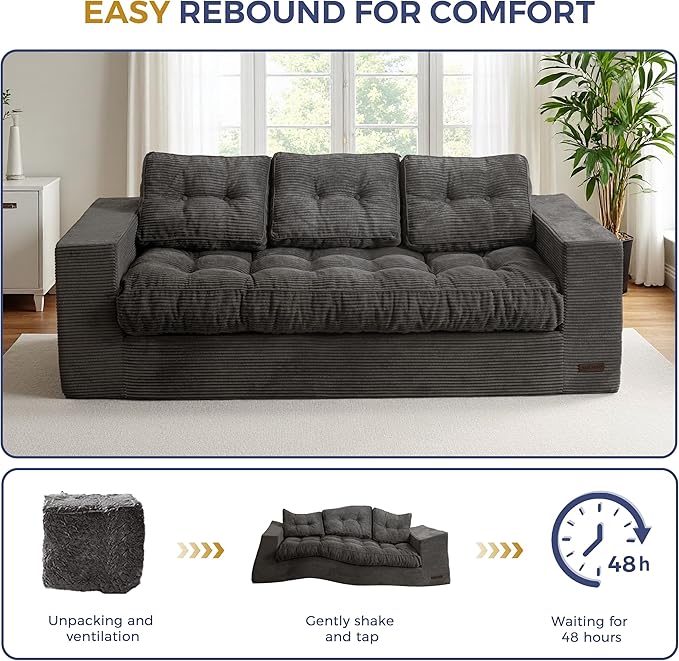 MAXYOYO Oversized Loveseat Sofa Couch, Upholstered Bean Bag Chair Cloud 3-Seat for Adults, Boneless Couch with Tufted Cushion & Pillows, Sofa in A Box, No Assembly Required, Dark Grey