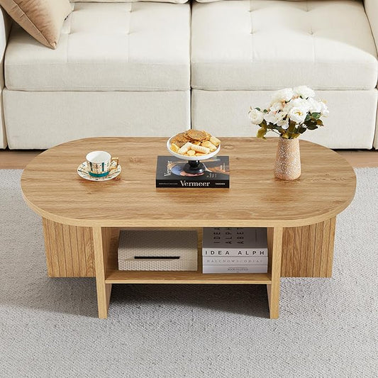 43.3" Coffee Table with Storage, Oval Coffee Tables for Living Room, Farmhouse Fluted Coffee Table with Large Storage Shelf, Wood Center Table for Small Space, Natural