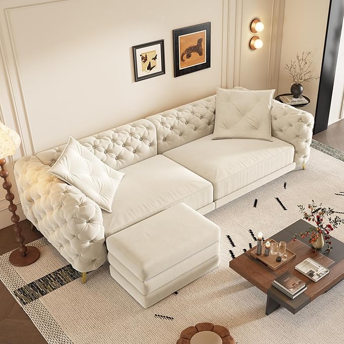 Ball & Cast 3-in-1 Convertible Sleeper Sofa with Movable Ottoman,97.7" Velvet Pull Out Sofa Bed, Modern Button Tufted 4-Seater Sofa Couch with Deep Seat for Living Room, Apartment,Office,Beige