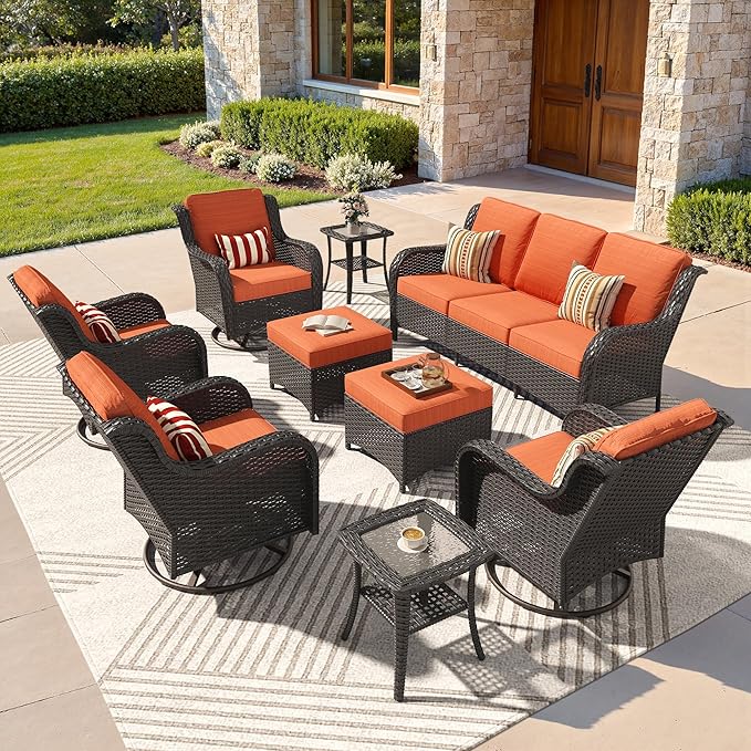 ovios 9-Piece Patio Furniture Set with Swivel Chairs Coffee Table, Outdoor Wicker Sofa with Comfy Cushions, High Back Couch Modern Conversation Sets, Brown/Orange Red