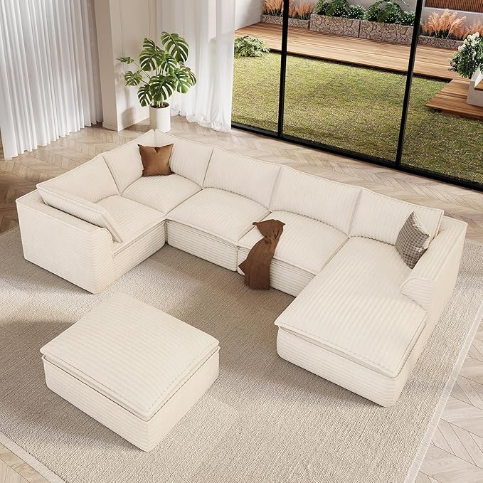 Vesgantti 141.7" Oversized Sectional Boneless Couch, 7 Seater Modular Sofa with Chaise & Ottoman & Armrest, Deep Seat Plush Corduroy Cloud Couches for Living Room, No Assembly Required, Beige