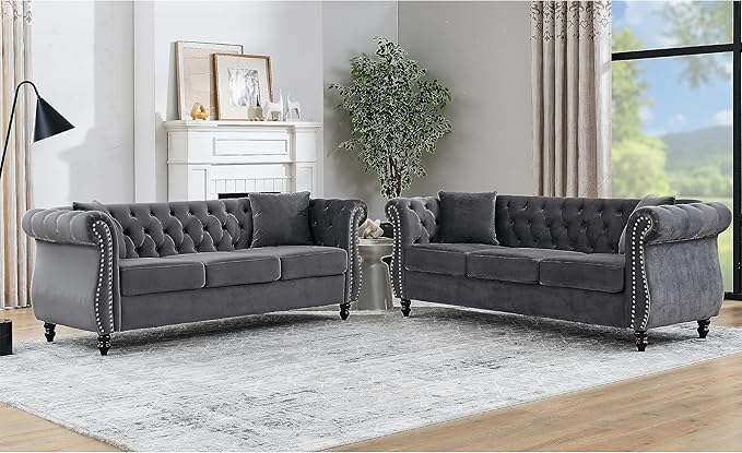 KEIKI Chesterfield Sofa, Retro Style Upholstered 3+3 Seats Velvet Couch with Rolled Arm for Living Room Bedroom Office, Grey