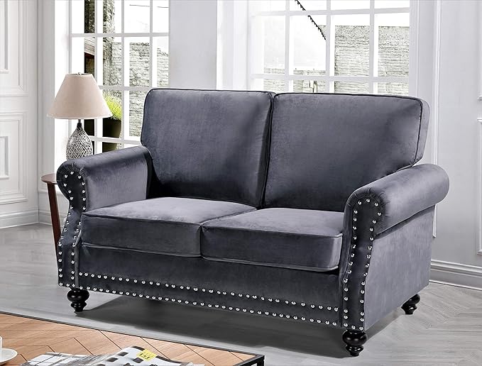 Lotus Mid Century Modern Velvet Upholstered Living Room Rolled Arms, Sofa and Loveseat, Fossil Grey