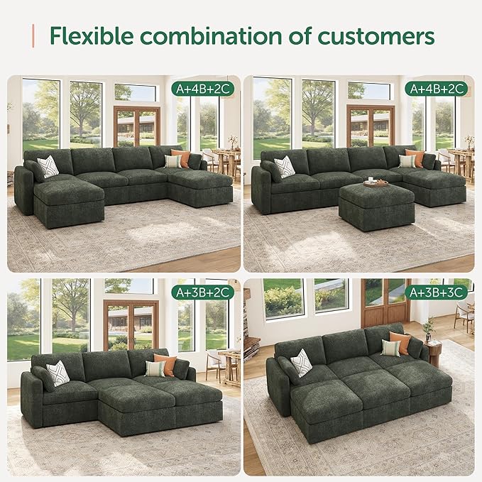 HONBAY Modular Sectional Sofa with Storage Seats, U Shaped Sectional Couch with Storage, Chenille Sectional Couches for Living Room, Green