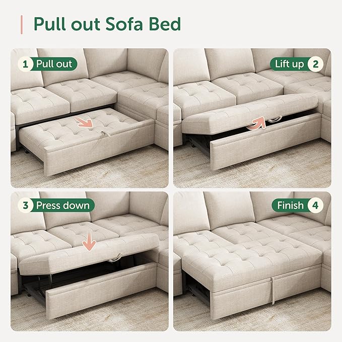 HONBAY Modular Sectional Sofa with Pull Out Bed Convertible L Shaped Couch with Storage Seat Sleeper Sectional Couches for Living Room,Mid Beige