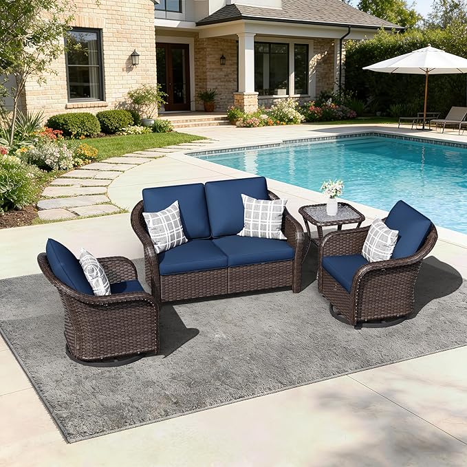 4 PCS Outdoor Conversation Set | 55" Couch, 2 Swivel Chairs, 1 Side Table， Patio Wicker Conversation Furniture with Removable Cushions for Bistro, Deck, Sunroom(Navy Blue)