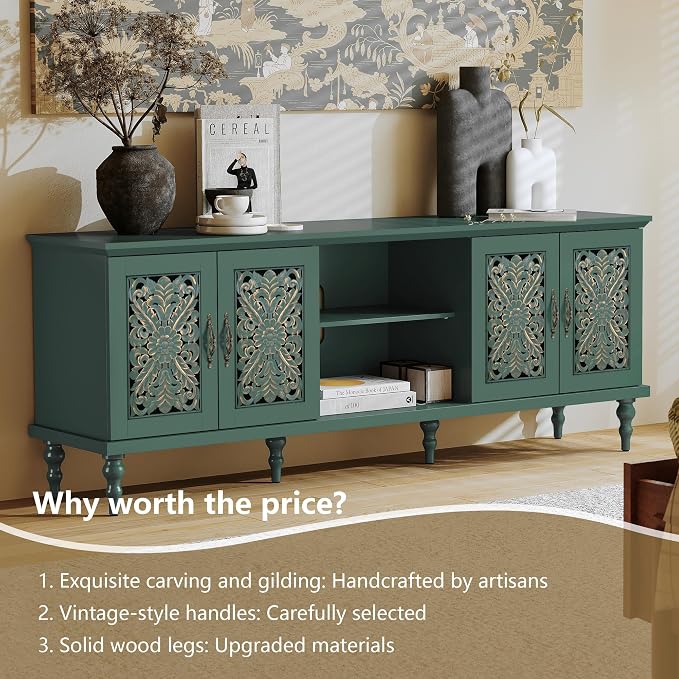 ARTPOWER 67'' Vintage TV Stand with Hollow Carved Doors and Adjustable Shelves, Retro Entertainment Center with Storage, Long TV Consoles for Living Room, Bedroom, Green - Image 3