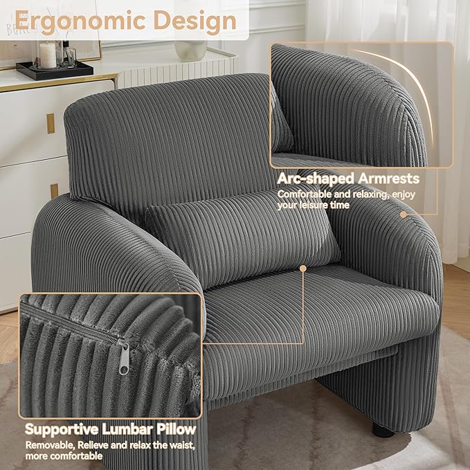 WUTUTUEE Corduroy Fabric Accent Chairs Set of 2, Modern Upholstered Living Room Chairs with Lumbar Pillow, Wide Comfy Leisure Armchair for Bedroom, Office, Reading, Grey