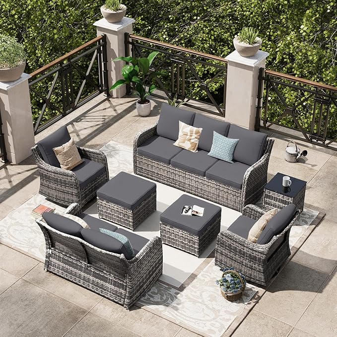 MEISSALIVVE 7 Pieces Patio Furniture Set with Swivel Chair, Wicker Patio Sofa, Rattan Conversation Set with Three-seat Sofa, 2 Ottomans and Loveseat for Lawn Backyard (Grey)