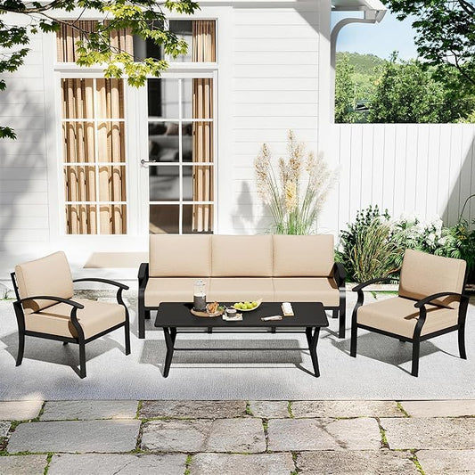 Aluminum Patio Furniture Set with Rectangular Coffee Table, 5 Seats Outdoor Patio Conversation Sets w/5.1" Cushions,Patio Conversation Sets for Garden, Backyard, Porch-Sand