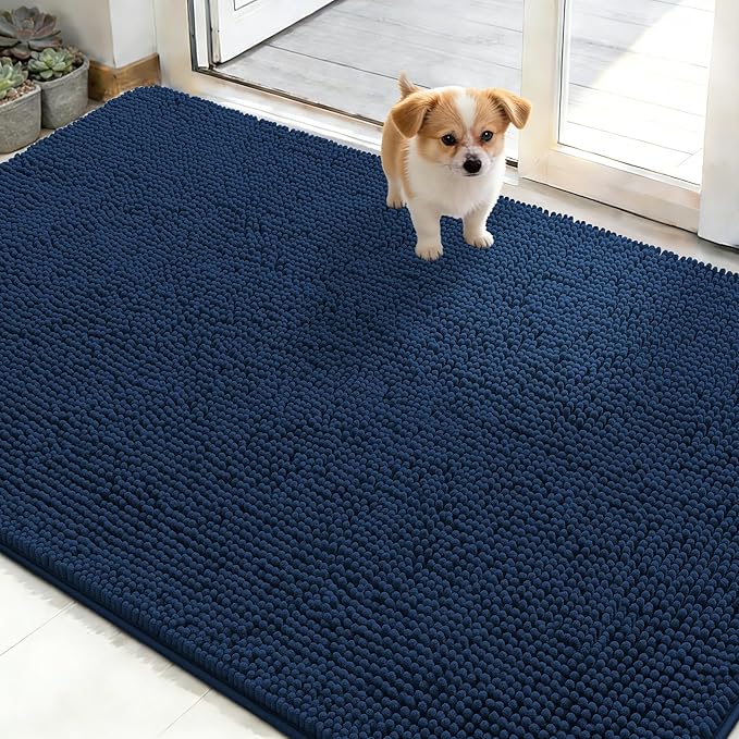 OLANLY Dog Door Mat for Muddy Paws 48x30, Absorbs Moisture and Dirt, Absorbent Non-Slip Washable Doormat, Quick Dry Chenille Mud Mat for Dogs, Entry Indoor Entryway Carpet for Inside Floor, Dark Blue by OLANLY