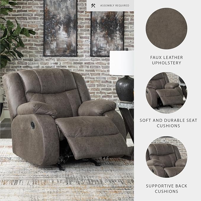 Signature Design by Ashley First Base Modern Faux Leather Rocker Recliner, Gray