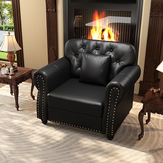 KEIKI 41" Faux Leather Chesterfield Sofa with Rolled Arms & Nailhead Trim & 1 Ottoman, 1-Seater Button Tufted Couch with High Resilience Cushion & 1 Pillow, Easy Assembly, for Living Room, Black