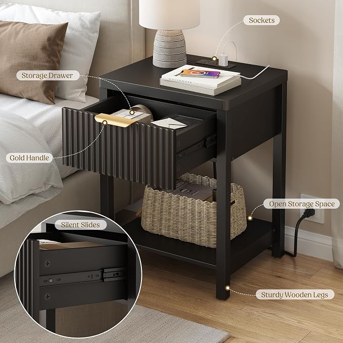 Lulive Night Stand Set 2, Fluted Nightstand with Charging Station, Wood Modern Bedside End Table with Storage Drawer for Bedroom, Save Space (Set of 2, Black) - Image 4
