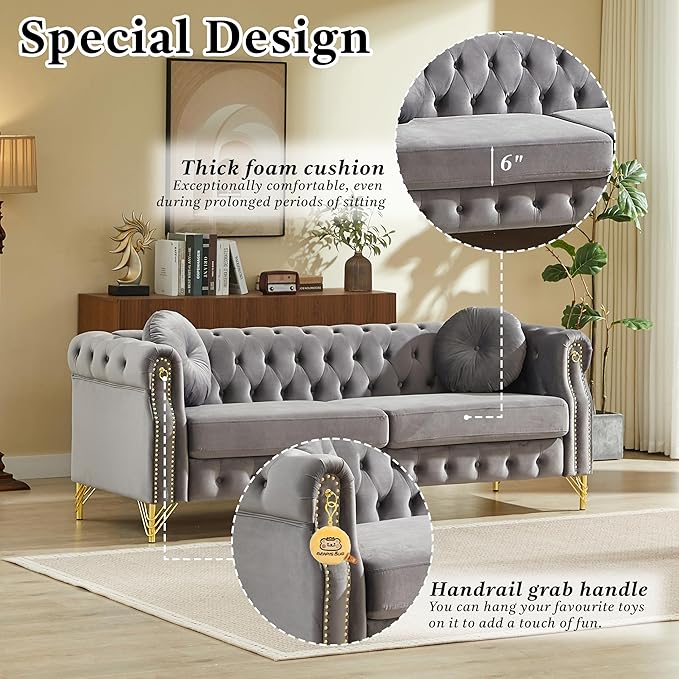 ERYE 82-Inch Button Tufted Sofa Couch with 2 Round Pillows, 3 Seat Velvet Tufted Sofa Spacious Chesterfield Loveseat Couches W/Nailhead Decor,Ring Accent & Golden Legs