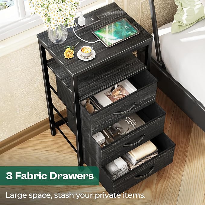 Huuger Nightstand with Charging Station, 27.6 Inch End Table Bedside Table with USB Ports and Outlets, Night Stand for Bedroom, Fabric Drawers, Charcoal Black Wood Grain Print - Image 5